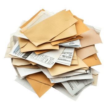 Overdue utility bills piled high on a desk, highlighting financial disorganization and stress, Pile envelopes with overdue utility bills isolated on white, Transparent background png