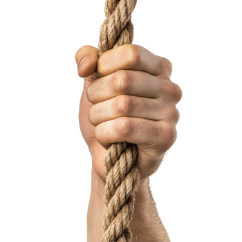 Hand gripping coarse rope in tense moment against a white background, Hand gripping rope in a tense moment, white background png
