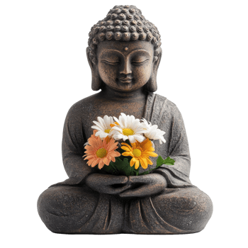 Buddha statue with flowers on white background showcasing harmony and tranquility, Buddha Statue Holding Flowers Isolated white background png