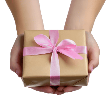 Hands present a beautifully wrapped gift in craft paper adorned with a pink ribbon showcasing festive spirit, Hands Presenting a Gift Wrapped in Craft Paper with Pink Ribbon On white background png
