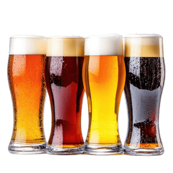 Varieties of beer showcase with frothy heads on a clean Transparent background, Multiple beers isolated on background png