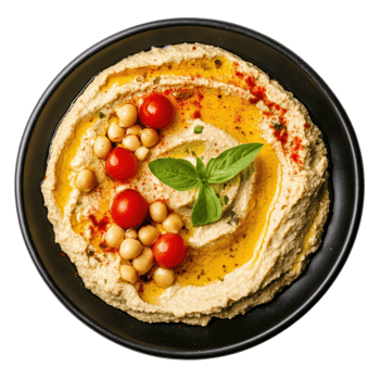 Delicious hummus served on a black plate garnished with cherry tomatoes and fresh basil, Hummus on black plate, top view, isolated white background png