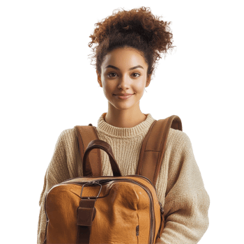 Pretty young woman with travel bag ready for adventure in a bright, isolated setting, Pretty young woman with travel bag isolated on Transparent background png