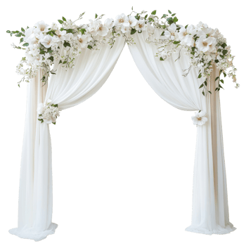 Draped wedding arch with spring flowers and delicate white fabric for elegant ceremonies, Draped wedding arch with spring flowers and white fabric isolated on Transparent background png