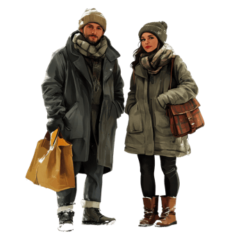 Couple enjoying winter stroll wrapped in warm clothing with shopping bag and accessories, realistics with a couple in winter clothing, Transparent background png