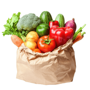Fresh vegetables in a paper bag on a Transparent background ready for cooking or meal preparation, Vegetables in a paper bag isolated on background png