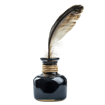 Elegant feather pen immersed in a classic inkwell used for writing and calligraphy, Feather pen into the inkwell isolated png