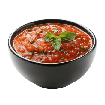 Delicious homemade tomato sauce in a black bowl on Transparent background with fresh herbs for garnish, tomato sauce in black bowl isolated on background png