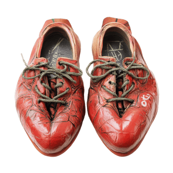 Heart shaped shoelaces featured on unique red footwear designed for a striking look in casual fashion, Heart Shaped Sholaces png