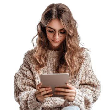 Young cute woman using digital tablet indoors on Transparent background enjoying her leisure time, Young cute woman using digital tablet isolated on background png