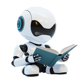 Humanoid android joyfully reading a book on a white background while sitting, Cheerful Humanoid Android Reading Book on white background png
