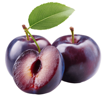 Fresh plums with green leaves isolated on a Transparent background, showcasing their rich color and juicy texture, Plums isolated on background png