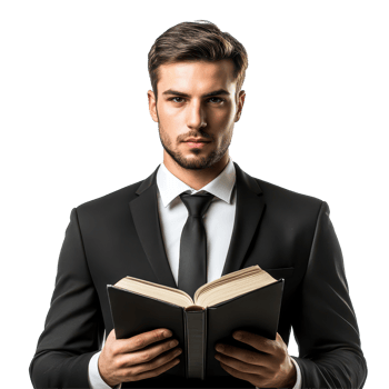 Young businessman in suit holds book, exuding confidence and professionalism in a modern setting, Young businessman in suit with book on background Transparent background png