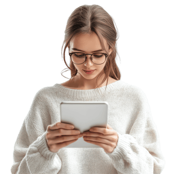 Woman with glasses focused on tablet in cozy white sweater against plain background, Woman with Glasses Using Tablet isolated on Transparent background png
