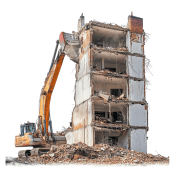 Demolition of a multi story building captured during the deconstruction process in an urban setting, building that has been demolished and is being demolished png