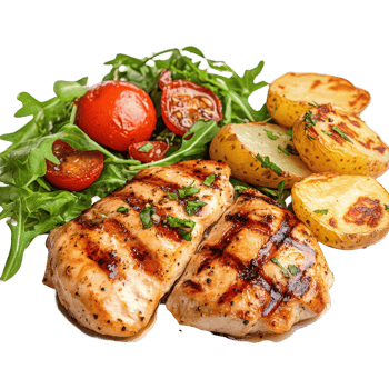 Delicious grilled chicken with roasted potatoes and fresh salad for a satisfying lunch experience, Dish for lunch chicken grilled potato cheese and vegetable on isolated on Transparent background png