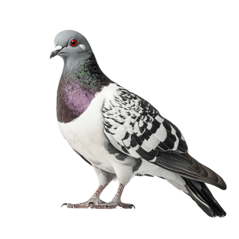 Pigeon with striking red eye perched on a minimalist white surface, pigeon with a red eye sitting on a white surface, Transparent background png