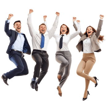 Happy business professionals celebrate success with energetic poses on white background, Happy Business People isolated on white background png