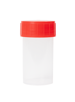 small clear plastic container with red ribbed lid isolated on transparent background ideal for collecting samples in sterile conditions, png