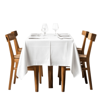 Elegant dining setup with white tablecloth and wooden chairs in a cozy restaurant setting, table with a white tablecloth and chairs in a restaurant, Transparent background png
