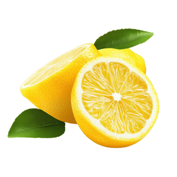 Fresh lemon fruit halves and slices displayed on a clean Transparent background with green leaves, Lemon fruit, half and slice lemon isolated on background png