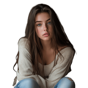 Portrait of a young woman sitting alone with natural light on her expressive features and relaxed pose, Portrait a young pretty woman sitting isolated on background png