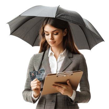 Businesswoman holds clipboard and calculator under an umbrella in a professional setting during a rainy day, Businesswoman Using Umbrella and Holding Clipboard and Calculator isolated png