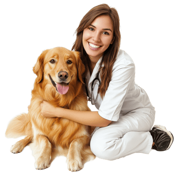 Veterinarian smiling with a golden retriever on a Transparent background in a caring moment, Veterinarian with Dog on background png