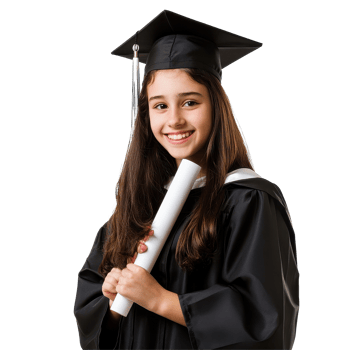 Young girl proudly graduates wearing a gown and holding diploma in celebration of academic achievement, Friendly Young Girl in Graduation Gown Holding a Diploma isolated on white background png