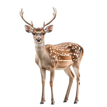 Deer standing gracefully with antlers and spots on a plain Transparent background, roe deer isolated on background png
