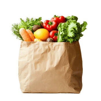 Fresh produce in a brown grocery bag on a white background showcasing colorful vegetables and fruits, Food in brown grocery bag isolated over white background png