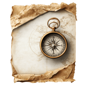 Explore navigation with a compass on ancientlooking paper highlighted by a wooden handle, compass on a piece paper with a wooden handle png