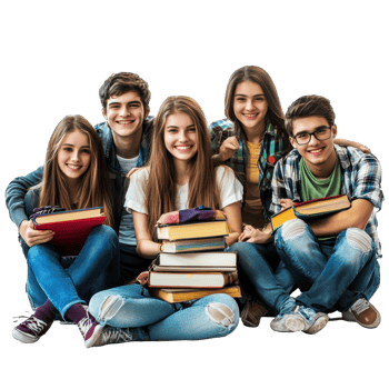 Students enjoying together while studying with books indoors in bright setting, Group students isolated on white png