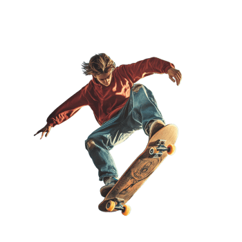 Young male skateboarder jumps high against a bright blue sky during afternoon skate session, Skateboarder young male jumping high png