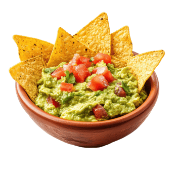 Delicious guacamole bowl with crispy tortilla chips served for a snack or appetizer, Guacamole bowl with nachos tortilla chips isolated on white background png