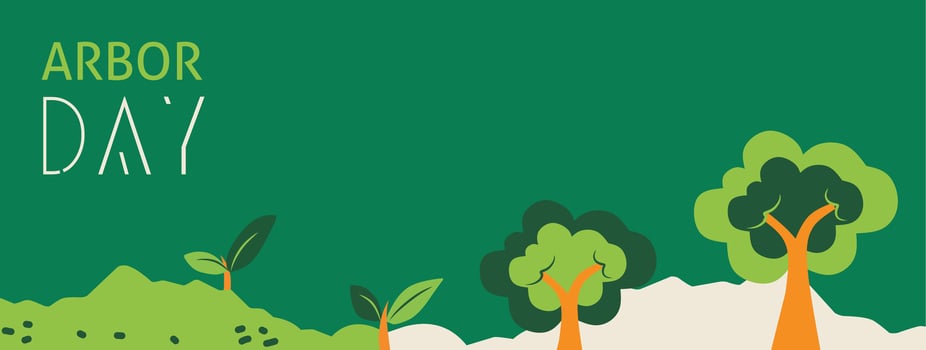 Arbor Day template. Save trees illustration graphic with tree, leaves, grass, floral. Symbols of gardening on green background. Flat editable collection for horizontal poster, banner and cover. vector
