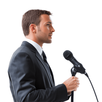 Confident businessman speaks at conference addressing industry trends and challenges, Confident Businessman at a conference Speaker with Microphone Isolated on Transparent background png