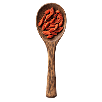 Goji berries displayed in a wooden spoon on a clean white background, goji berries in wood spoon on white background png
