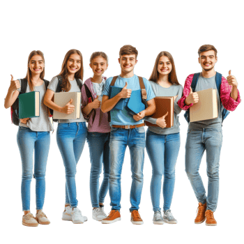 Group of enthusiastic students with books giving thumbs up in a bright setting, Group Students with books gesturing thumbs up isolated on white background png