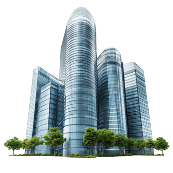 Modern office buildings showcasing sleek architecture and glass facades in an urban setting, Modern Office Buildings isolated on Transparent background png