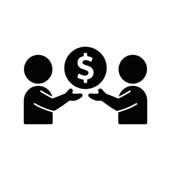 Two stylized figures exchange a large coin featuring a dollar sign, symbolizing a financial transaction or exchange. cutouts png