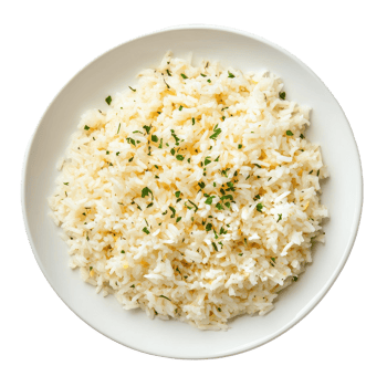 Cooked rice garnished with herbs served in a simple white plate on a clean Transparent background, Cooked rice in white plate on background png