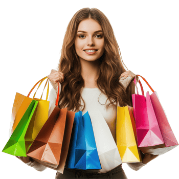 Friendly young woman with colorful shopping bags smiling happily in a bright and modern setting, Friendly Young Woman with Shopping Bags isolated on white background png