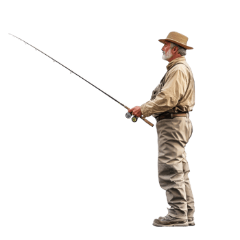 Fisherman with fishing rod on white background enjoying a peaceful moment outdoors, Fisherman Holding a Fishing Rod, white background png