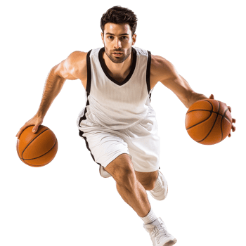 Man showcases athleticism by dribbling two basketballs on a Transparent background during a dynamic sport activity, Man Playing Basketball isolated on background png