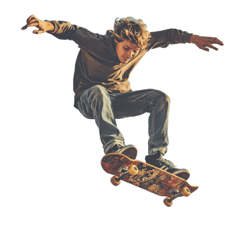 Young male skateboarder performs a high jump under a clear blue sky in an urban setting, Skateboarder young male jumping high png