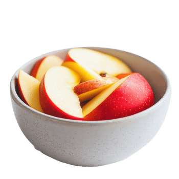 Sliced apples in a bowl with a bright red apple on a clean white background, bowl sliced apples and a red apple png