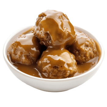 Delicious meatballs smothered in rich gravy served in a white bowl on a clean surface, Meatball and gravy isolated on Transparent background png