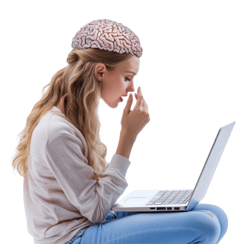 Woman engages in deep thought while typing on laptop with a brain model head against a Transparent background, Woman Talking on Head and Typing on Laptop isolated on background png