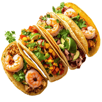 Delicious shrimp, chicken, beef, and vegetarian tacos served with fresh toppings and herbs, Shrimp Tacos, Chicken Tacos, Beef Tacos, and Vegetarian Tacos on Transparent background png